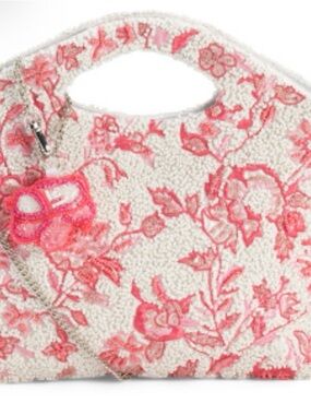 Handcrafted  in India Floral Beaded Crosbody  Bag in Pink on Cream